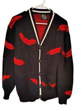 Steady Hands Red Feathers Black Cardigan Sweater, Halloween Small, Medium Boho